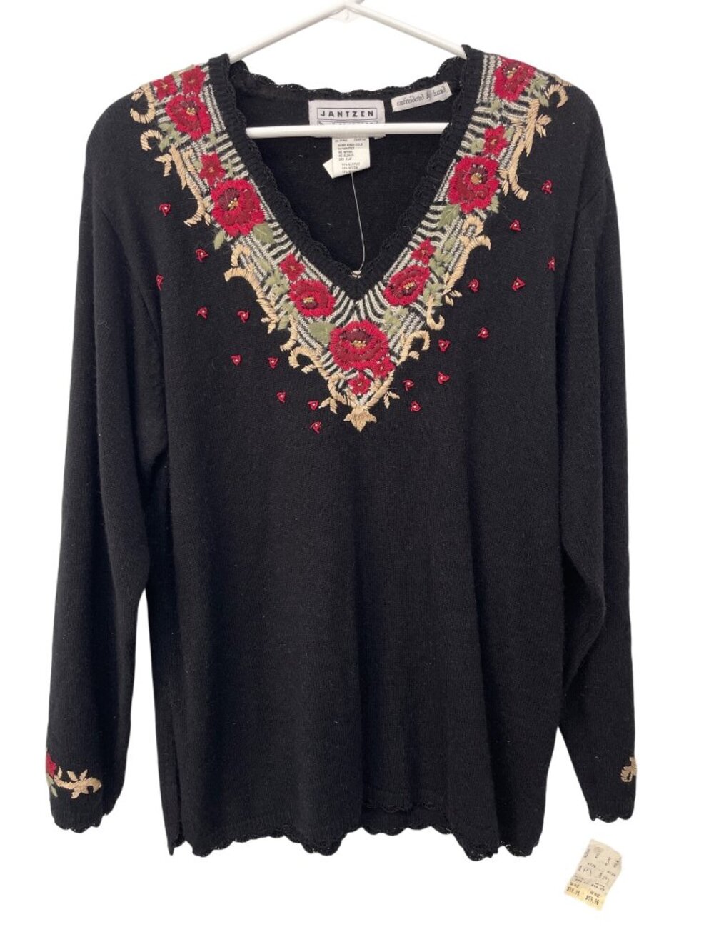 Vintage Jantzen Sweater Medium Hand Embroidered Floral Black Red Deadstock NEW